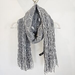 Eyeful Crochet Open Knit Gray White Fringe Scarf